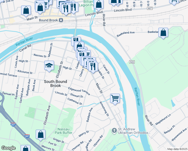 map of restaurants, bars, coffee shops, grocery stores, and more near 89 Main Street in South Bound Brook