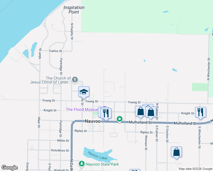 map of restaurants, bars, coffee shops, grocery stores, and more near 332-344 North Page Street in Nauvoo