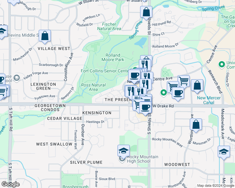 map of restaurants, bars, coffee shops, grocery stores, and more near 1212 Raintree Drive in Fort Collins