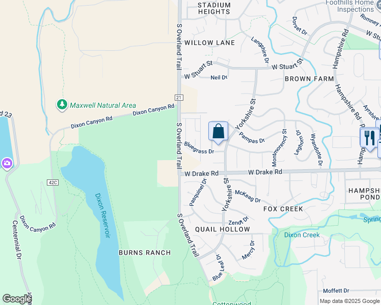map of restaurants, bars, coffee shops, grocery stores, and more near 2424 South Overland Trail in Fort Collins
