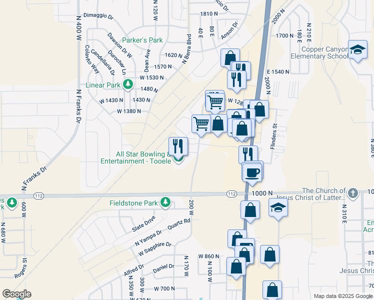 map of restaurants, bars, coffee shops, grocery stores, and more near 1166 North 220 West in Tooele