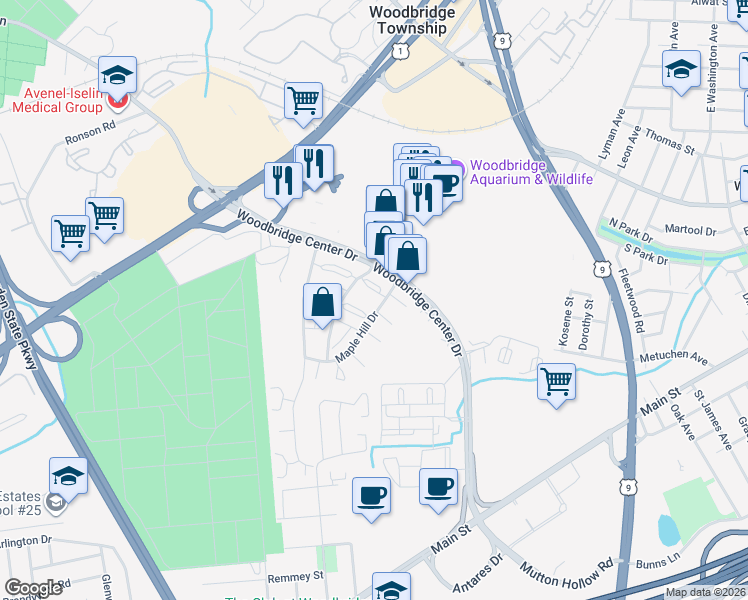 map of restaurants, bars, coffee shops, grocery stores, and more near 133 Woodbridge Terrace in Woodbridge Township