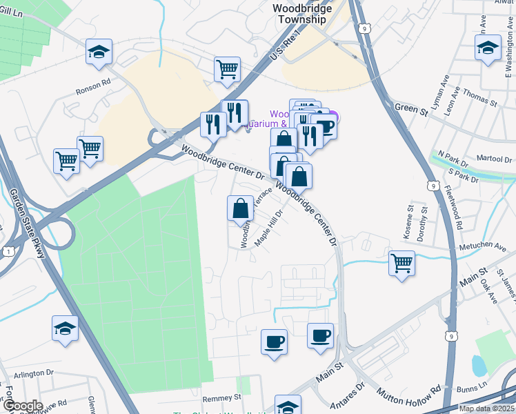 map of restaurants, bars, coffee shops, grocery stores, and more near 133 Woodbridge Terrace in Woodbridge Township