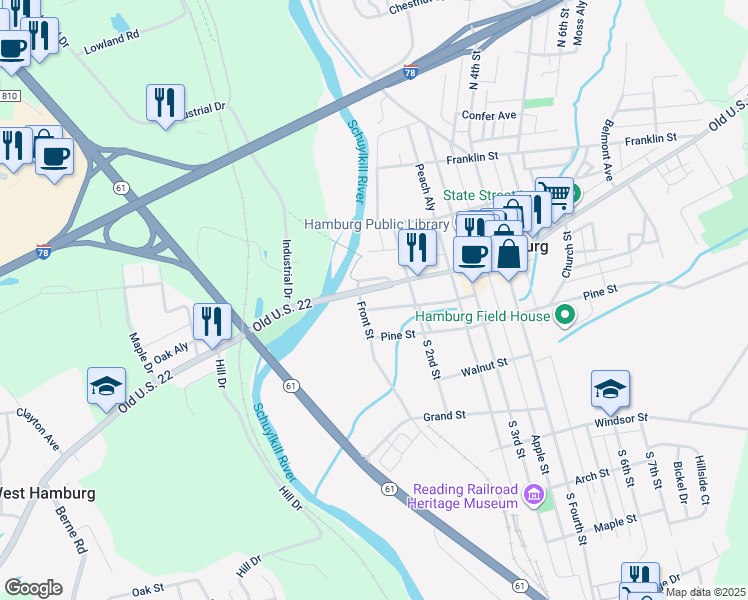 map of restaurants, bars, coffee shops, grocery stores, and more near 118 State Street in Hamburg