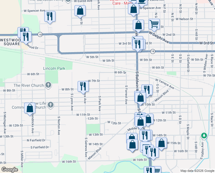 map of restaurants, bars, coffee shops, grocery stores, and more near 1612 West 8th Street in Marion
