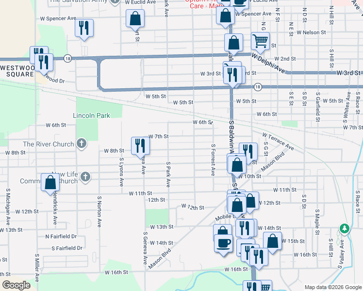 map of restaurants, bars, coffee shops, grocery stores, and more near 1612 West 8th Street in Marion