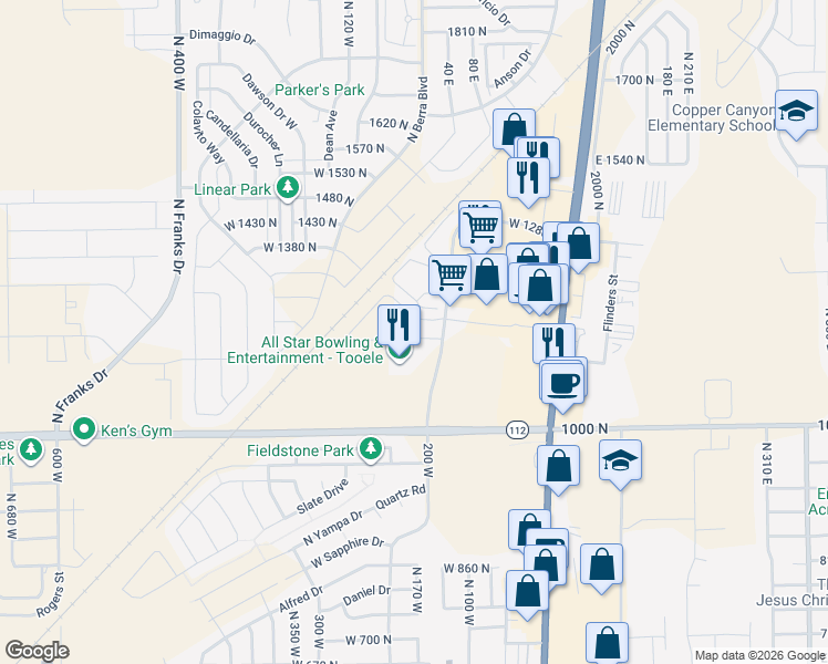map of restaurants, bars, coffee shops, grocery stores, and more near 1166 North 220 West in Tooele