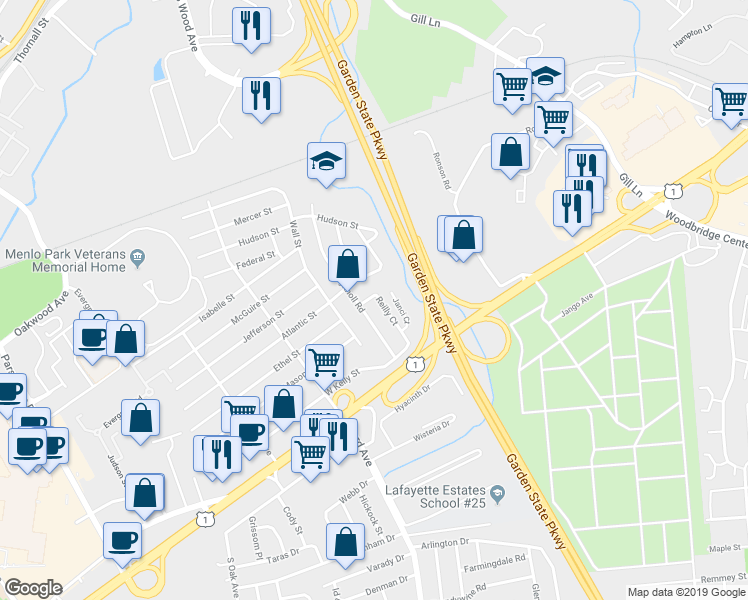 map of restaurants, bars, coffee shops, grocery stores, and more near 45 Reilly Court in Metuchen
