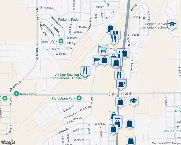 map of restaurants, bars, coffee shops, grocery stores, and more near 212 West 1160 North in Tooele