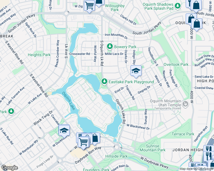 map of restaurants, bars, coffee shops, grocery stores, and more near Oquirrh Lake Road in South Jordan