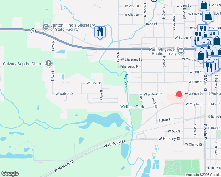 map of restaurants, bars, coffee shops, grocery stores, and more near 600 West Pine Street in Canton