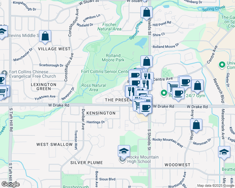 map of restaurants, bars, coffee shops, grocery stores, and more near 1212 Raintree Drive in Fort Collins