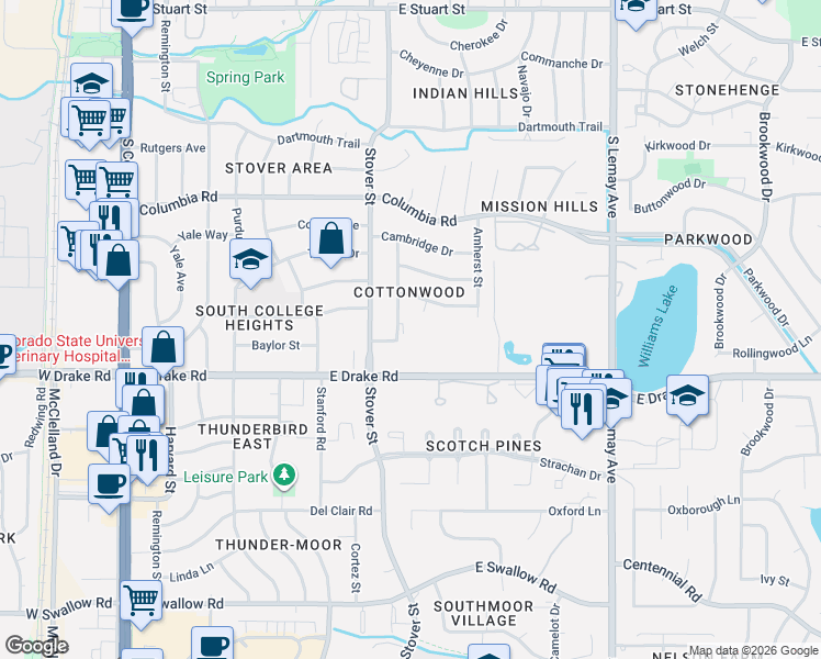 map of restaurants, bars, coffee shops, grocery stores, and more near 2464 Marquette Street in Fort Collins