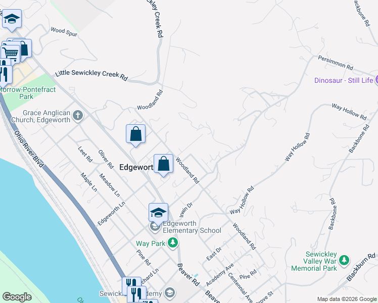map of restaurants, bars, coffee shops, grocery stores, and more near 608 Poia Road in Sewickley