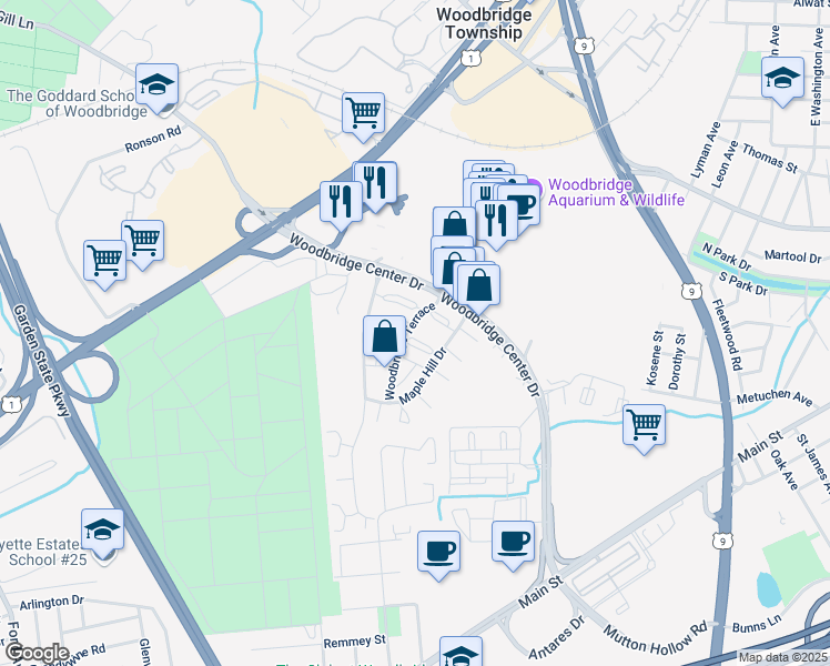map of restaurants, bars, coffee shops, grocery stores, and more near 121 Woodbridge Terrace in Woodbridge Township