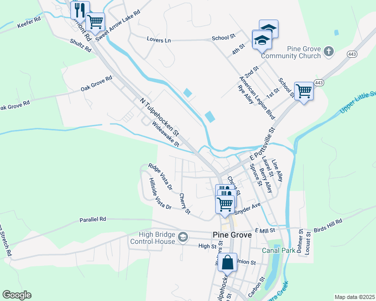 map of restaurants, bars, coffee shops, grocery stores, and more near 13 North Tulpehocken Street in Pine Grove