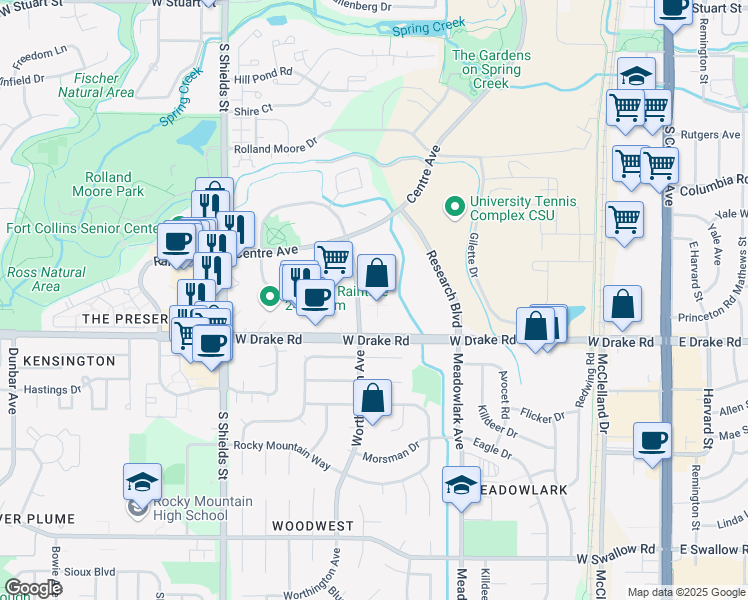map of restaurants, bars, coffee shops, grocery stores, and more near 702 West Drake Road in Fort Collins