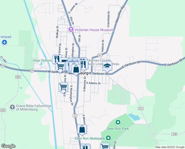 map of restaurants, bars, coffee shops, grocery stores, and more near 209 East Jackson Street in Millersburg