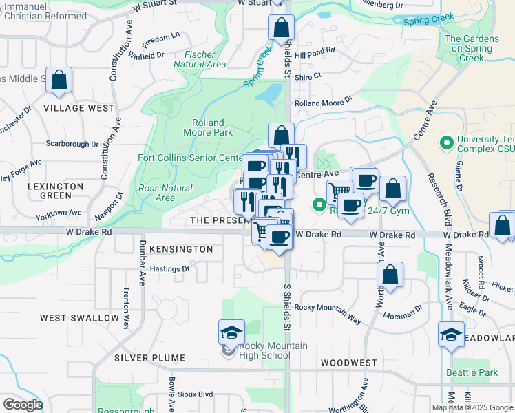 map of restaurants, bars, coffee shops, grocery stores, and more near 2555 South Shields Street in Fort Collins