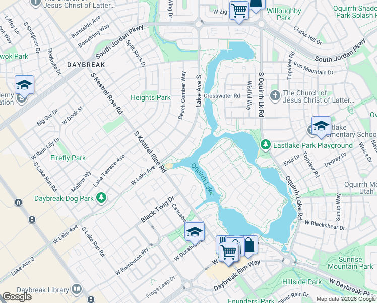 map of restaurants, bars, coffee shops, grocery stores, and more near 10857 Lake Avenue South in South Jordan