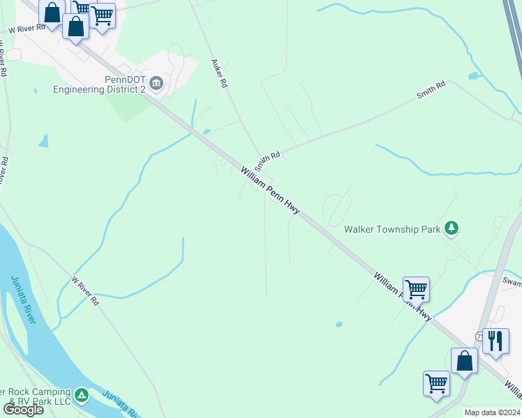 map of restaurants, bars, coffee shops, grocery stores, and more near 68 Zimmerman Hill Road in Mifflintown