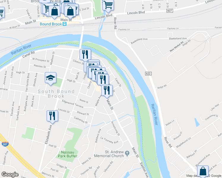map of restaurants, bars, coffee shops, grocery stores, and more near 52 Franklin Street in South Bound Brook