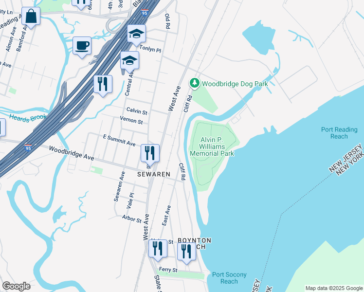 map of restaurants, bars, coffee shops, grocery stores, and more near 563 Cliff Road in Woodbridge Township