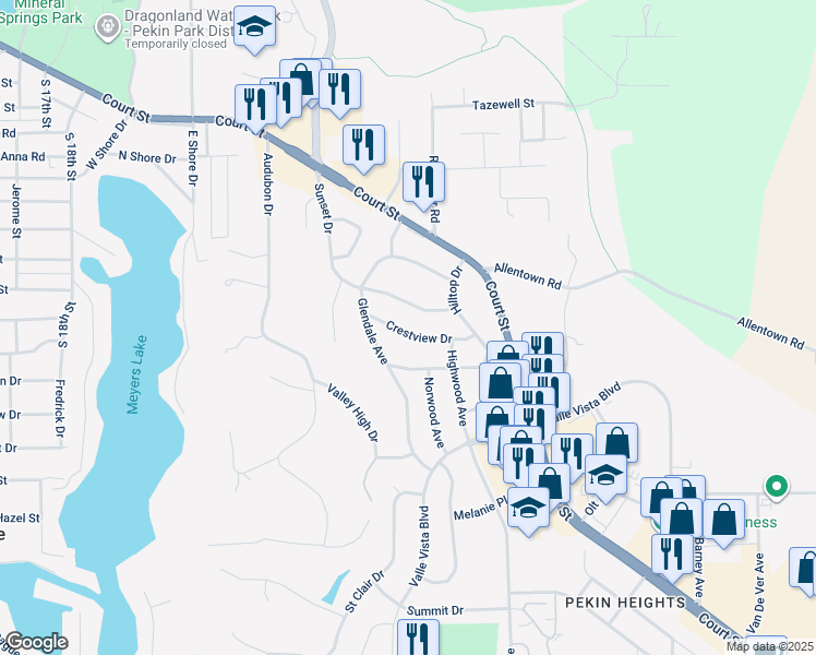 map of restaurants, bars, coffee shops, grocery stores, and more near 2217 Crestview Drive in Pekin