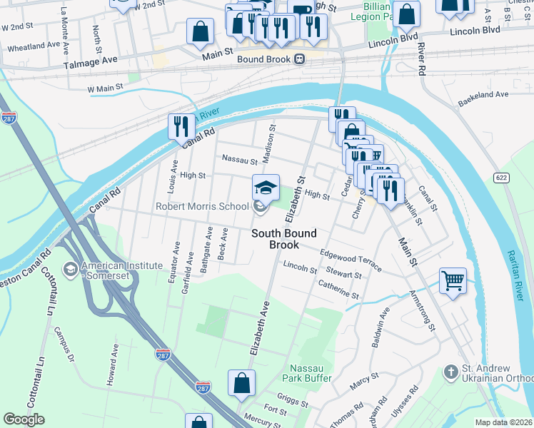 map of restaurants, bars, coffee shops, grocery stores, and more near 122 Elizabeth Street in South Bound Brook