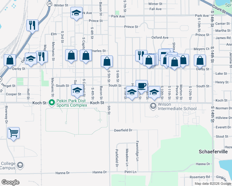 map of restaurants, bars, coffee shops, grocery stores, and more near 1415 South 6th Street in Pekin