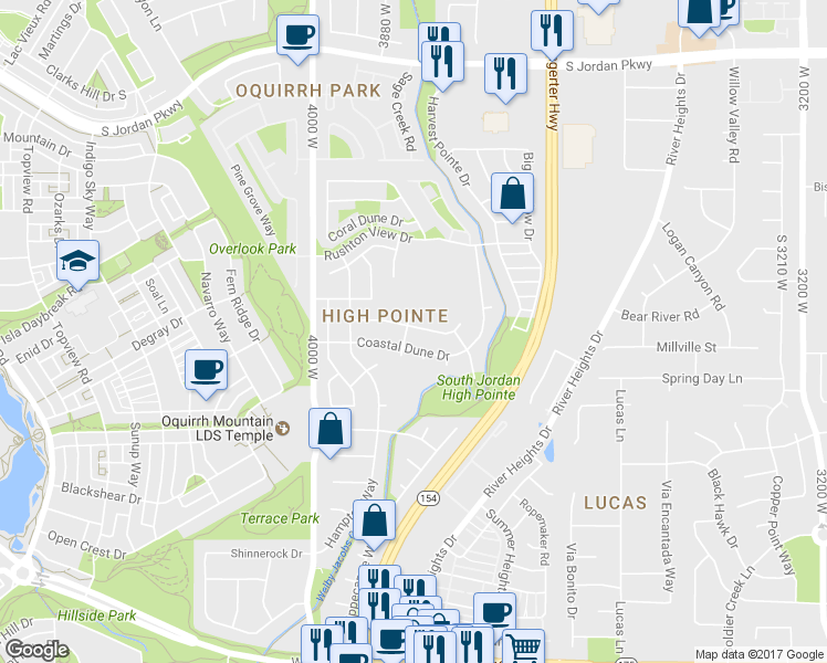 map of restaurants, bars, coffee shops, grocery stores, and more near 10961 Samoa Dune Drive in South Jordan