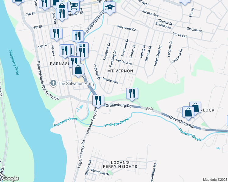 map of restaurants, bars, coffee shops, grocery stores, and more near 124 Argonne Drive in New Kensington