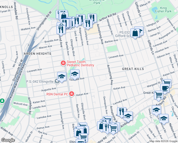 map of restaurants, bars, coffee shops, grocery stores, and more near 265 Ridgewood Avenue in Staten Island