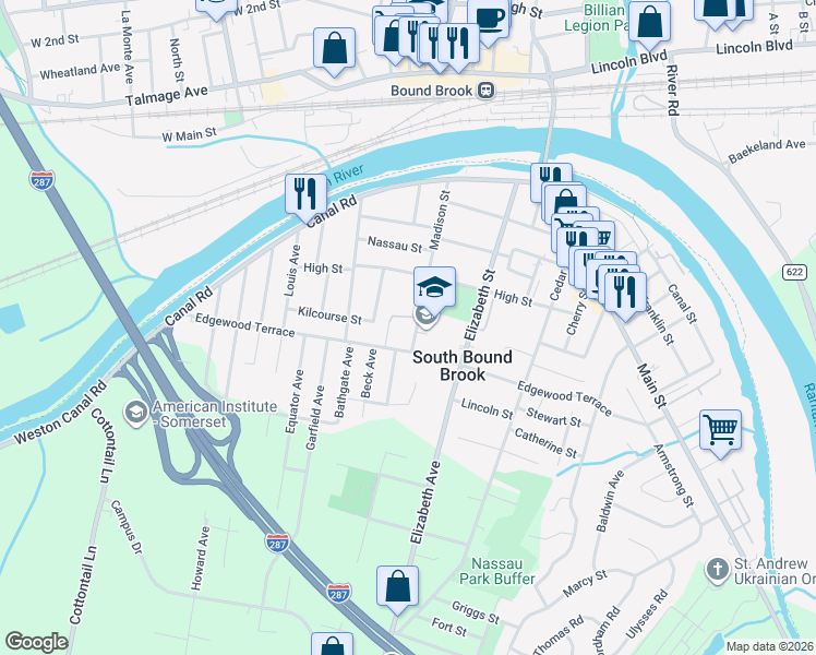 map of restaurants, bars, coffee shops, grocery stores, and more near 126 Madison St in South Bound Brook