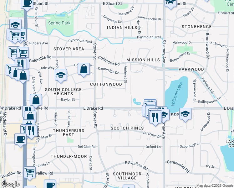 map of restaurants, bars, coffee shops, grocery stores, and more near 700 East Drake Road in Fort Collins