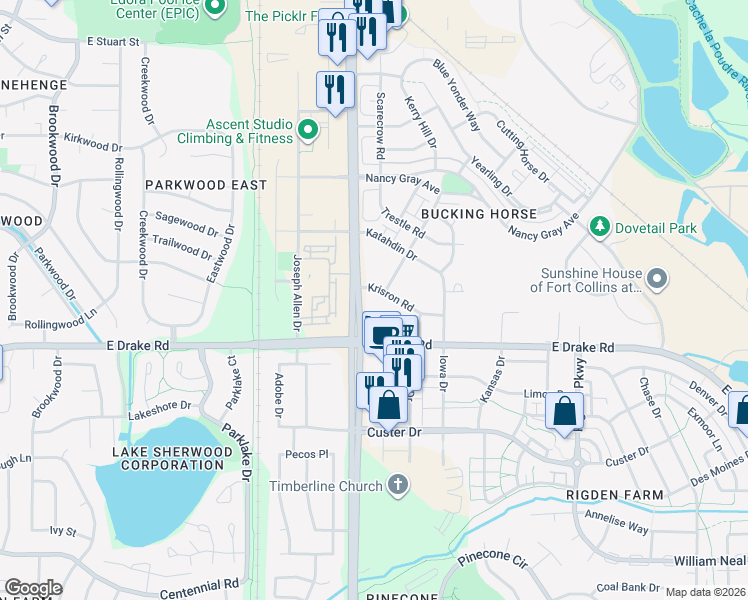 map of restaurants, bars, coffee shops, grocery stores, and more near 2133 Krisron Road in Fort Collins