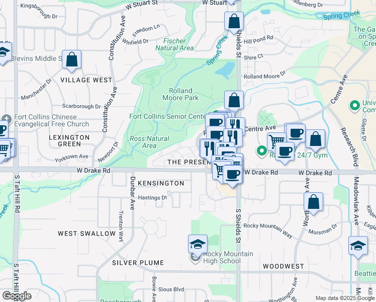map of restaurants, bars, coffee shops, grocery stores, and more near 1212 Raintree Drive in Fort Collins