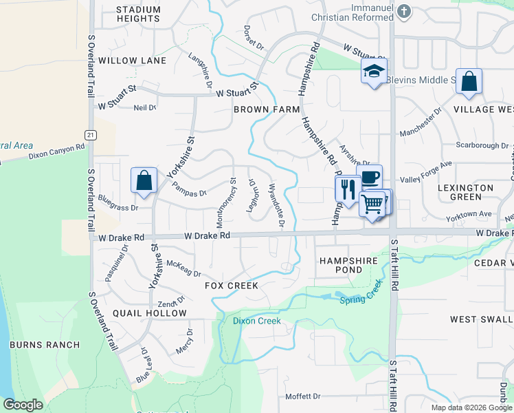 map of restaurants, bars, coffee shops, grocery stores, and more near 2542 Leghorn Drive in Fort Collins