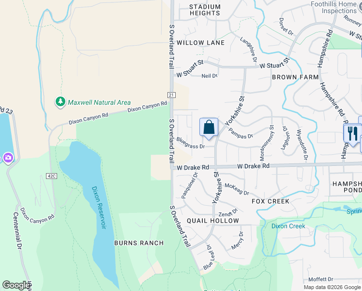 map of restaurants, bars, coffee shops, grocery stores, and more near 2424 South Overland Trail in Fort Collins