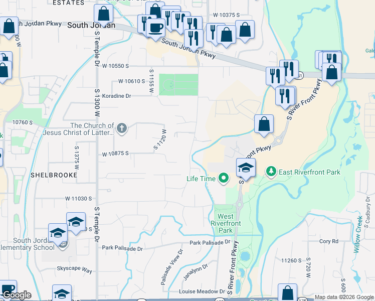 map of restaurants, bars, coffee shops, grocery stores, and more near 10827 South 1055 West in South Jordan