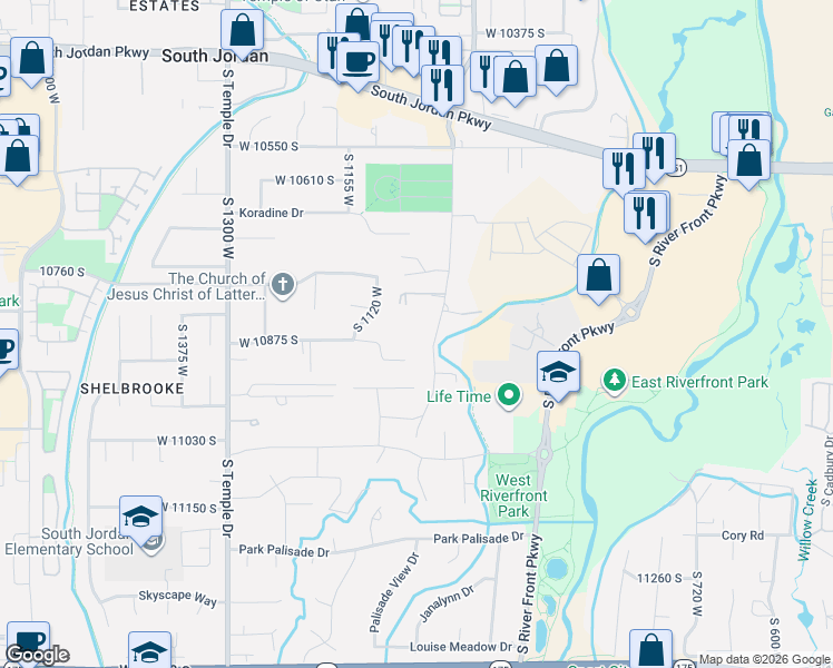 map of restaurants, bars, coffee shops, grocery stores, and more near 10828 South 1055 West in South Jordan
