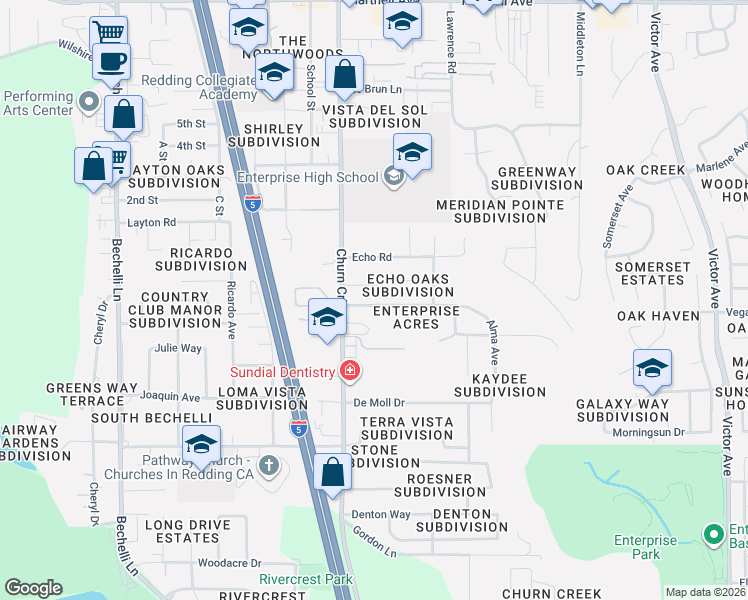 map of restaurants, bars, coffee shops, grocery stores, and more near 1036 Harpole Road in Redding