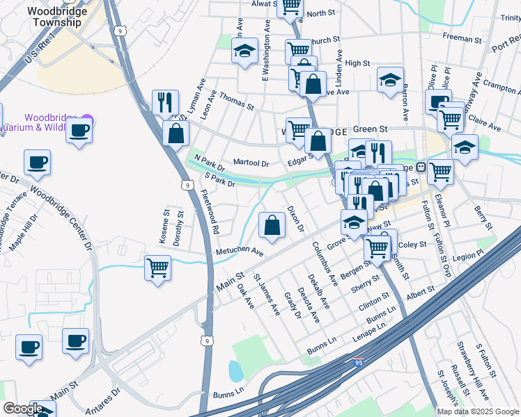 map of restaurants, bars, coffee shops, grocery stores, and more near 23 Clayton Court in Woodbridge Township