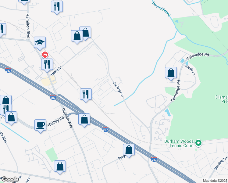 map of restaurants, bars, coffee shops, grocery stores, and more near 5 Campbell Street in South Plainfield