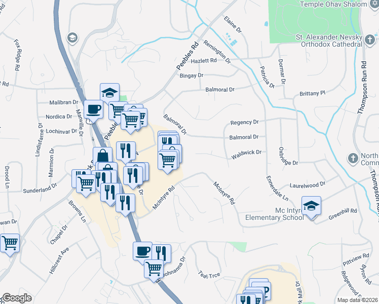 map of restaurants, bars, coffee shops, grocery stores, and more near 1072 Waldwick Drive in Pittsburgh