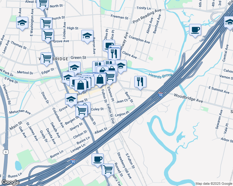 map of restaurants, bars, coffee shops, grocery stores, and more near 33 Wallace Street in Woodbridge Township
