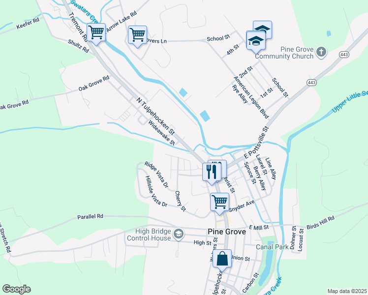 map of restaurants, bars, coffee shops, grocery stores, and more near 13 North Tulpehocken Street in Pine Grove
