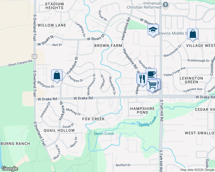 map of restaurants, bars, coffee shops, grocery stores, and more near 2542 Leghorn Drive in Fort Collins