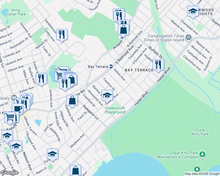 map of restaurants, bars, coffee shops, grocery stores, and more near 51 Redgrave Avenue in Staten Island