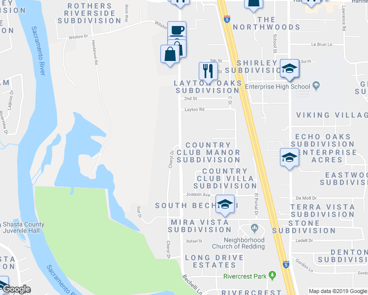 map of restaurants, bars, coffee shops, grocery stores, and more near 3691 Bechelli Lane in Redding